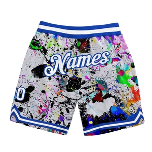 Shorts de basketball 3D authentiques blanc-royal à motif graffiti personnalisé, les plus vendus en gros directement de l'industrie - Product Image 1