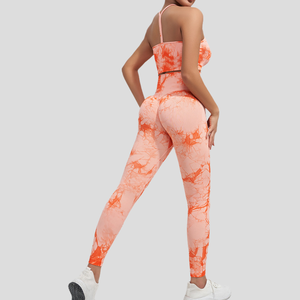 Conjunto de Yoga de 2 Piezas Tie Dye, Top Corto Halter, Leggings Largos de Cintura Alta, Ropa Deportiva Sin Costuras - Product Image 3