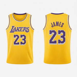 เสื้อบาสเก็ตบอลชาย Lakers James 23 แบบสั่งทำพิเศษ พร้อมชื่อทีม แห้งเร็ว 100% โพลีเอสเตอร์ สีเหลืองม่วง แบบซับลิเมชั่น - Product Image 1