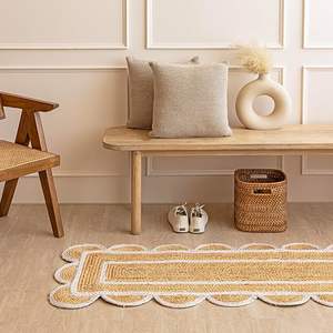 Tapis rectangulaire rustique vintage, tissé à la main, tapis d'intérieur, design festonné, fibre naturelle, tapis en jute tressé - Product Image 1