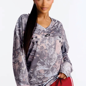 Low MOQ Unisex Oversized Long Sleeve American Football Jersey <b>Top</b> Grey Camo Print V Neck Sportswear Loose Fit Custom OEM Apparel - Product Image 6