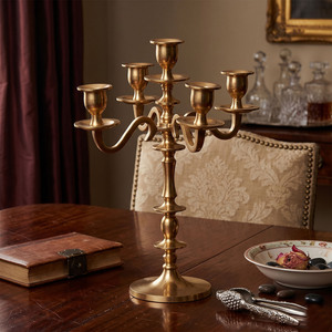 Matte Gold 5 Arm Brass <b>Candelabra</b> Vintage Metal Candle Holder For Elegant Wedding Centerpieces & Luxury Home Table Decoration - Product Image 6