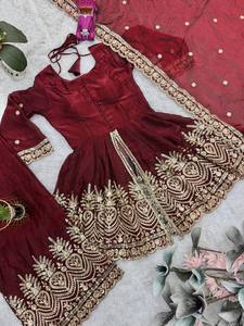 Women Embroidered Heavy Two Tone Fandy Silk Salwar Kameez Set Velvet Dupatta Traditional Indian Pakistani Graduation Diwali - Product Image 6