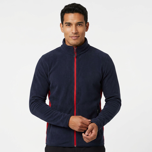 Men's Navy Fleece <b>Jacket</b> With <b>Red</b> Zipper Stand Collar Casual Breathable Knitted Polyester Autumn Wear - Product Image 5
