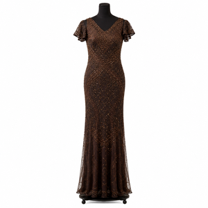Women Brown Beaded <b>Sequin</b> Mermaid Maxi Dress V Neck Flutter Sleeve Embellished Evening Gown Formal Party Wedding Prom Elegant - Product Image 1