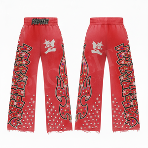 Pantalon de jogging OEM décontracté pour homme, couleur unie, motif flamme imprimé, coupe ample, en molleton avec strass, pour le fitness - Product Image 4