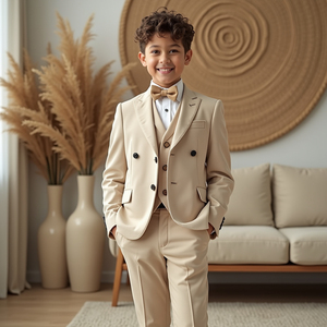 Boys Beige Double Breasted 3 Piece Suit | <b>Kids</b> Wedding Suit | <b>Ring</b> Bearer Formal Tuxedo Set | Custom Made - Product Image 3