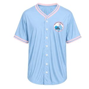 เสื้อเบสบอลผู้หญิงสีฟ้าอ่อนแบบสั่งทำพิเศษ พร้อมป้ายปัก แขนสั้น ติดกระดุมด้านหน้า คอวี แต่งขอบสีขาว ชุดลำลองสไตล์สปอร์ต - Product Image 1