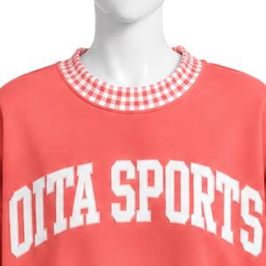 <b>Mens</b> Coral <b>Pink</b> Crewneck <b>Sweatshirt</b> Gingham Check Trim Long Sleeve Casual Pullover Fashion Streetwear Athletic Sports Top - Product Image 3