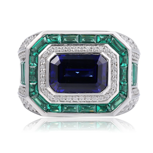 Luxury Geometric Cocktail <b>Ring</b> 925 <b>Silver</b> Sapphire <b>Emerald</b> Cut Pave Setting Unisex Fine Jewelry - Product Image 1