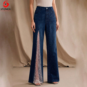 Jeans de mezclilla para mujer al por mayor con pedrería, de pierna ancha y tiro alto, a la moda, con logotipo personalizado, servicio OEM ODM - Product Image 5