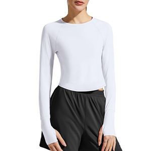 Camiseta de yoga para mujer, talla grande, color liso, fácil de lavar, ropa de entrenamiento para gimnasio, manga larga, camiseta de yoga para fitness. - Product Image 4