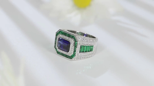Luxury Geometric Cocktail <b>Ring</b> 925 <b>Silver</b> Sapphire <b>Emerald</b> Cut Pave Setting Unisex Fine Jewelry - Product Image 3