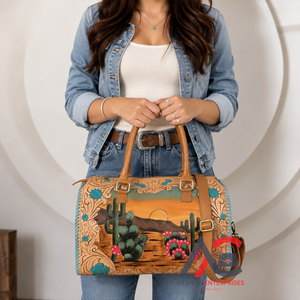 Bolsa de Viaje Grande de Cuero Repujado con Diseño de Cactus del Desierto Occidental, Hecha a Mano, Estilo Vintage, con Grabado Floral y Detalles en Turquesa - Product Image 1