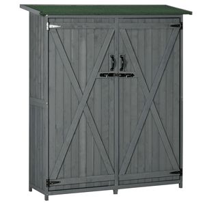 Armadio da Esterno in Legno Grigio con 3 Ripiani, Tetto Impermeabile in Asfalto, Porte Lucchettabili, Casetta da Giardino, Organizzatore per Attrezzi - Product Image 1