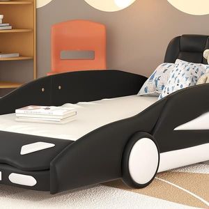 Letto a piattaforma nero a forma di auto da corsa con ruote, per bambini - Product Image 5