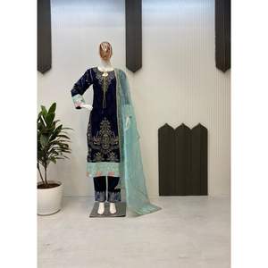 DESIGNER TERCIOPELO SECUENCIA BORDADO TRABAJO FONDO SUPERIOR CON DUPATTA AZUL - Product Image 1