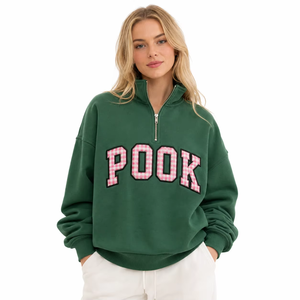 Newly Designed Women's <b>Drop</b> Shoulder Oversized 100% Cotton Fleece Half Zipper Applique Patches <b>Stand</b> Collar Plus Size Sweatshirt - Product Image 6