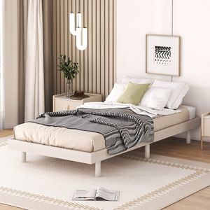 Letto a piattaforma moderno matrimoniale flottante, colore bianco lavato, design elegante - Product Image 1