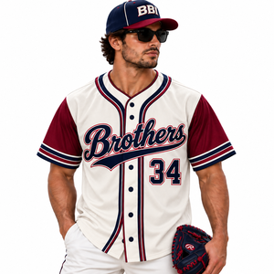 Maillot de baseball personnalisé pour homme, crème, bordeaux, marine, boutonné, avec broderie en twill, uniforme d'équipe respirant, chemise d'équipe de softball - Product Image 1