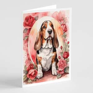 Whimsical Basset Hound Valentine Roses A7 Tamaño 5x7 Tarjetas de notas en blanco Paquete de 8 con sobres para saludos - Product Image 1