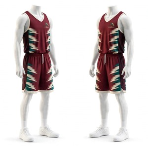 Tenue de basketball pour homme NEXTEX, maillot sans manches et short en polyester avec imprimé Chevron Glitch bordeaux et turquoise, kit de sublimation - Product Image 3