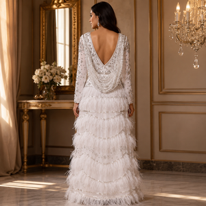 Women White Feather Beaded Maxi Gown <b>Sequin</b> Embellished V Neck Long Sleeve Tiered Evening Dress Luxury Wedding Party Formal - Product Image 4