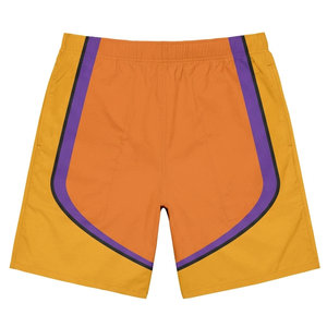 กางเกงขาสั้นผ้าโพลีเอสเตอร์ตาข่ายพรีเมียม 160 GSM สีน้ำเงินชมพู ลายพิมพ์เปลวไฟแบบ Sublimation ดีไซน์แผงต่อผ้า พร้อมโลโก้สั่งทำพิเศษ ทรงสปอร์ต - Product Image 2