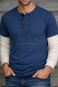 Mens Heavyweight Cotton Garment Dyed Henley <b>Shirt</b> Long <b>Waffle</b> Thermal Sleeves Contrast Hem Durable Layered Design Winter - Product Image 4