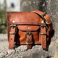 Tas selempang kulit kambing asli alami, buatan tangan, gaya Vintage tali tunggal dengan katun kulit asli kanvas lapisan pola permen