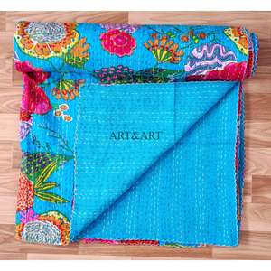 Couvre-lit Kantha indien fait main, 100% coton, imprimé à la main, motif floral, poids du tissu 220g, origine Rajasthan - Product Image 5