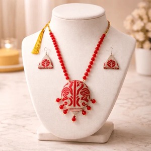 Indian Supplier Assamese Traditional Gamusa <b>Red</b> Muga <b>Silk</b> Necklace Set Ethnic Handmade Jewelry for Women Available At Best Price - Product Image 5