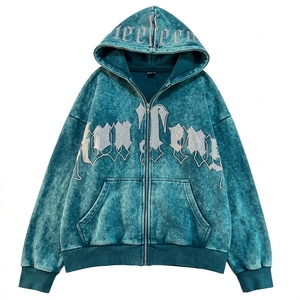 Sudadera con Capucha Vintage Estilo Urbano, Lavado Ácido, Estampado Gráfico de Letras, Oversize, Bordado Chenille, para Hombre - Product Image 1