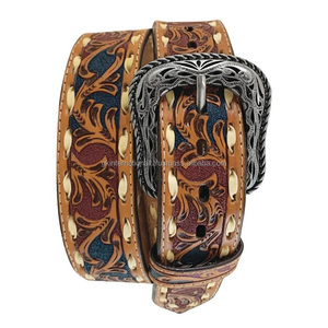 Ceinture en cuir véritable de style western punk à motifs floraux en relief, sans lacets, fabrication artisanale, ceinture en cuir western pour homme - Product Image 1