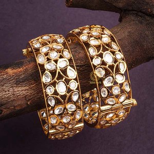 Varsha Kundan Gold Plated Copper Alloy Designer Bangles-Ethnic Pearl Flower Bracelets - Product Image 2
