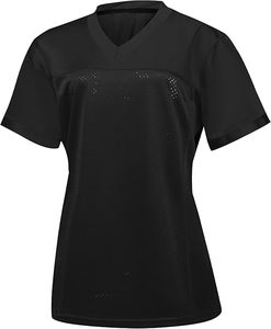 T-shirt de sport athlétique pour femme en polyester léger, col en V noir, manches courtes, brodé, antibactérien, maille, football - Product Image 1