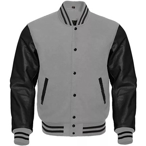 Chaqueta Bomber Gris para Hombre, Mangas de Cuero PU Negro, Cuello Alto, Cierre de Botones, Casual, Resistente al Viento, Transpirable, Estilo Urbano, Invierno - Product Image 1