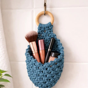 Blue Macrame <b>Basket</b> For Makeup Brush Holder Stylish Cutlery Holder <b>Basket</b> Multipurpose Organizer Handcrafted From India - Product Image 1