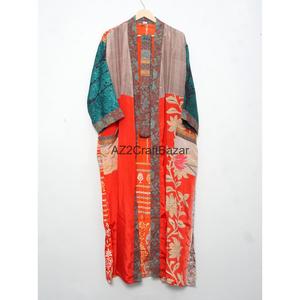 Robe kimono pour femmes 100% soie, toutes saisons, respirante, séchage rapide, douce, col en V, patchwork imprimé, manches trois-quarts, cordon de serrage - Product Image 5