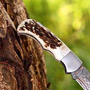 Cuchillo de caza de acero damasco inoxidable con punta de gota y hoja recta, mango de asta, cuchillo plegable de bolsillo en oferta - Product Image 3