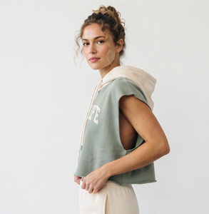 Women Sleeveless Hooded Crop Top Casual 100% Cotton Knitted Breathable Winter Wear <b>Running</b> Gym Fitness Wear Crop <b>Hoody</b> Top - Product Image 6