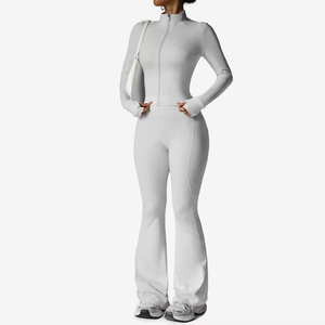 Combinaison de yoga à col roulé, longue, taille haute, jambes évasées, sans coutures, extensible dans quatre directions, fermeture éclair, blanc uni - Product Image 1