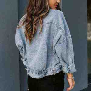 Women's Leopard Print Patch Work <b>Denim</b> Jacket Light Blue Distressed Patchwork Design Long Sleeve Casual <b>Coat</b> - Product Image 2