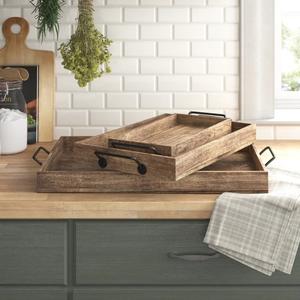 Ensemble de plateaux de rangement en bois massif de qualité supérieure avec poignées métalliques robustes, finition rustique, design empilable pour la décoration de table à manger ou de table basse - Product Image 6
