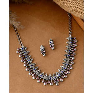 Ensemble de bijoux ethniques bohèmes vintage indiens Meera Jaipur pour femmes, collier ras du cou en argent oxydé, boucles d'oreilles, cadeau de mariage, cadeau de mariée - Product Image 1