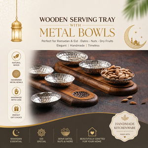 Wooden Serving Tray with Metal Bowls | Ramadan Eid Dates Serving Platter Handmade Kitchenware Dinnerware Tray <b>Gift</b> Islamic Home - Product Image 5