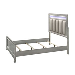Juego de dormitorio moderno de 3 piezas tamaño Queen con iluminación LED integrada, mesita de noche, cabecero tapizado con acabado gris suave y madera maciza. - Product Image 6