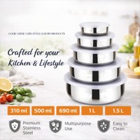 Ensemble de bols en acier inoxydable poli, écologiques, sans BPA, design indien, style minimaliste, avec couvercle (lot de 5) |   Bols de cuisine multi-usages