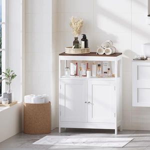 Modern Free <b>Standing</b> Bathroom Cabinet Natural Wood Top with Adjustable <b>Shelf</b> Double Doors Multi-Purpose Storage - Product Image 1