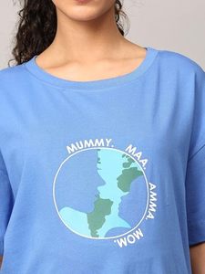 เสื้อยืดโอเวอร์ไซส์สีน้ำเงินสำหรับผู้หญิง พิมพ์ลายโลก ทรงคอกลม ทรงหลวม ผ้าฝ้าย 100% ระบายอากาศได้ดี แขนเสื้อแบบปกติ ผ้าเจอร์ซีย์ - Product Image 3